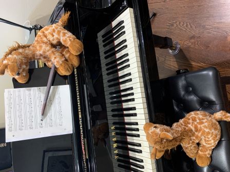 Giraffie playing the piano while his brother conducts