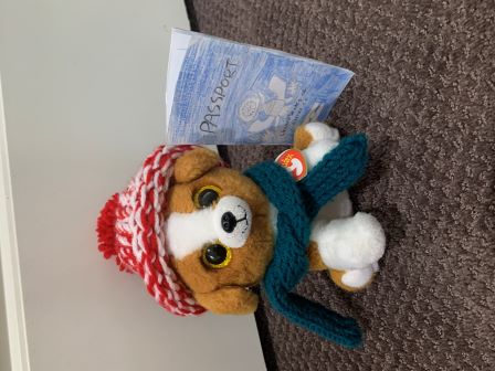 Snicky wearing winter clothes with his passport.